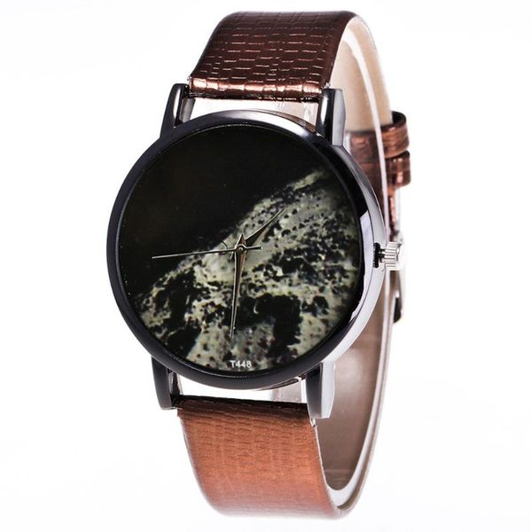 

couple watches moon surface printed quartz watch faux leather strap fashion with round dial for men women lxh wristwatches, Slivery;brown