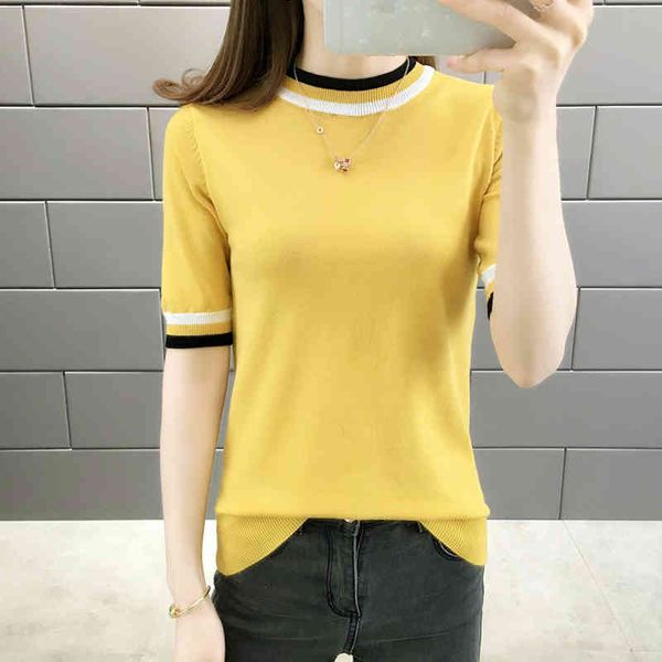 

women's t-shirt short sleeve stripe knitted for women korean style o-neck slim elastic pullovers summer casual knitwear femal, White