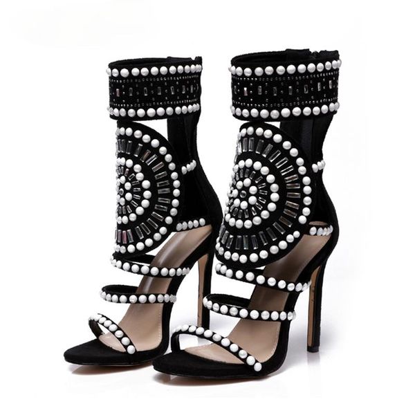 

women fashion open toe rhinestone design high heel sandals crystal ankle wrap glitter diamond gladiator black size 35-42