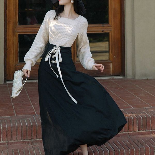 

2 piece set women french elegant suit female vintage square collar knitted sweater+ bow lace-up skirt korean winter outfits 210330, White