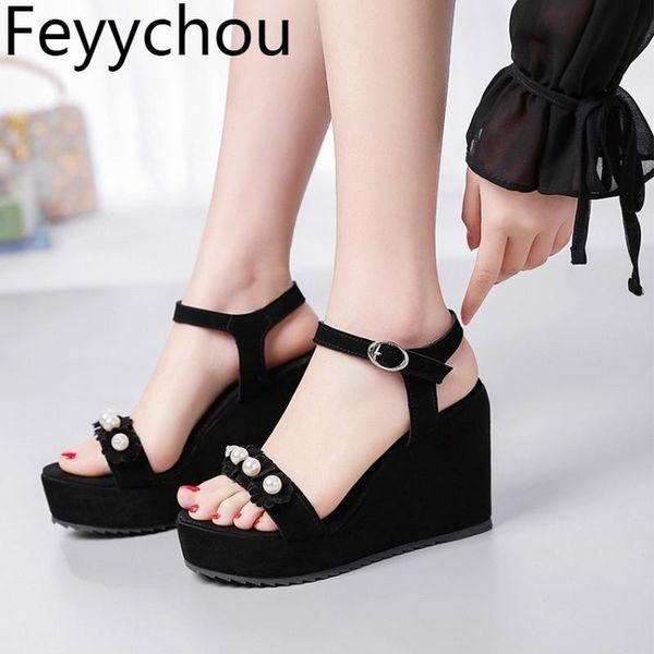 

women's sandals super high heel buckle peep toe platform cow suede pearl 2021 fashion party sweet black big size 34-45