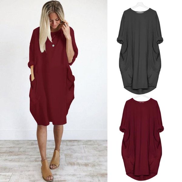 

womens pocket loose dress ladies crew neck casual long plus size fashion solid dresses vestido de mujer, Black;gray