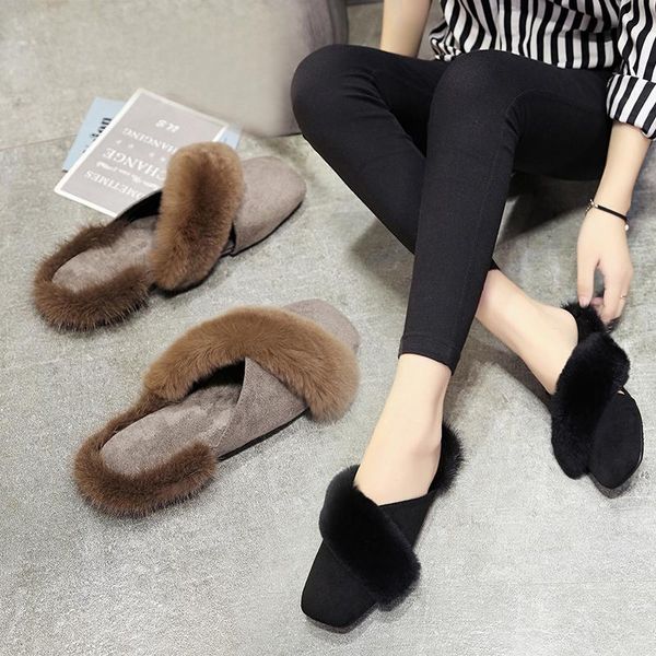 

slippers han edition of fund 2021 autumn fashion outside in baotou shoes joker square flat maomao lazy cotton, Black