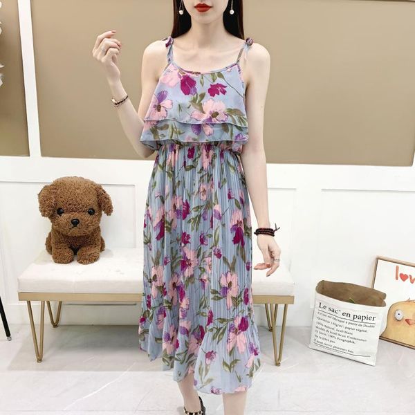 

casual dresses 2021 summer women ruffled chiffon dress elegant spaghetti strap high waist floral print beach midi vestidos robe, Black;gray