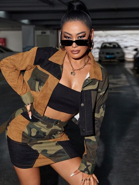 

camo print color block patched pocket jacket & skirt z2df#, White