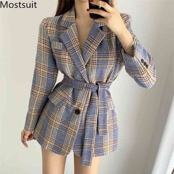 

korean vintage plaid woolen belted women suit blazer winter long sleeve one-button stylish elegant ladies fashion coat 210514, White;black