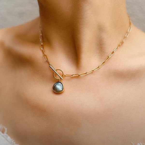 

chains brass with 18k gold ot chain natural stone choker necklace designer t show runway gown rare ins japan korean boho top, Silver