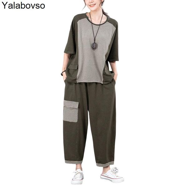 

summer 2021 large two piece loose stripe washed cotton short sleeve casual sports suit outfits amy green retro sets female women's pant, White