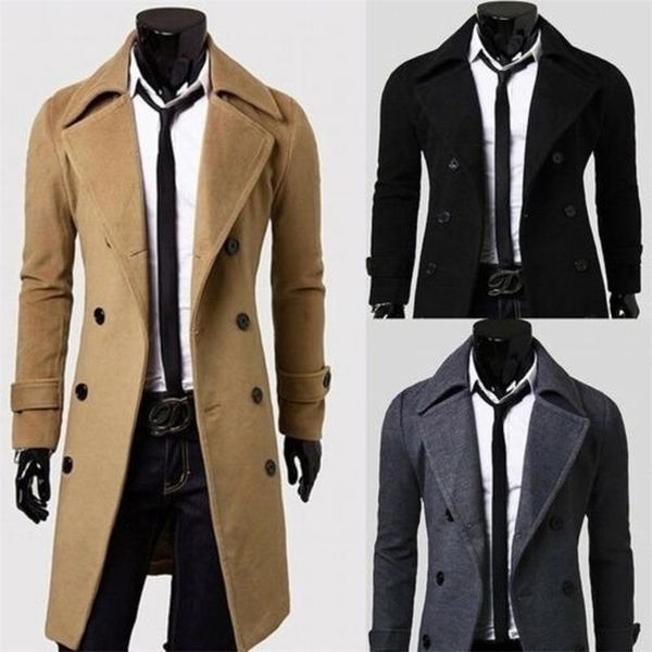 

men winter warm trench coat double breasted long jacket dress shirt overcoat 210819, Tan;black