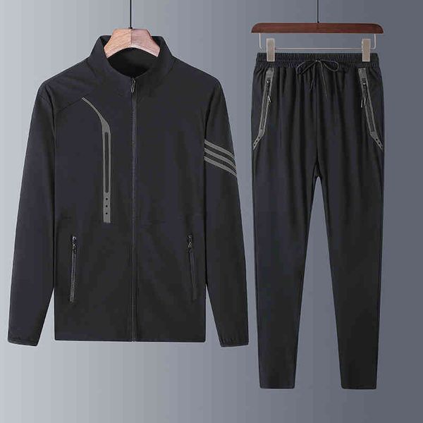 

tracksuit thin ice silk breathable leisure sports suit men's summer trend stand collar long sleeve two-piece jacket, Gray