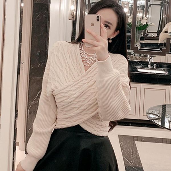 

women's sweaters fashion winter women long sleeve loose solid cross knitted sweater jumper knitwear outwear clothing, White;black