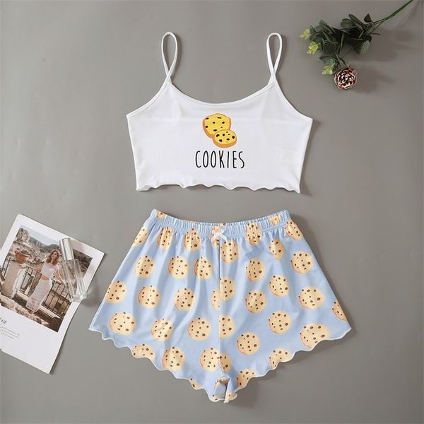 Sleewwears Cute Cookies Print Pajamas для женщин Pajama набор сладкие футболки шорты летом Pijama 210330