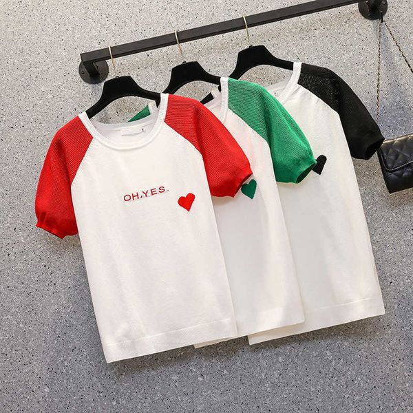 

4xl plus size women summer thin chic sweater pullover short sleeve o neck patchwork letter oversized sweaters kint 210604, White;black