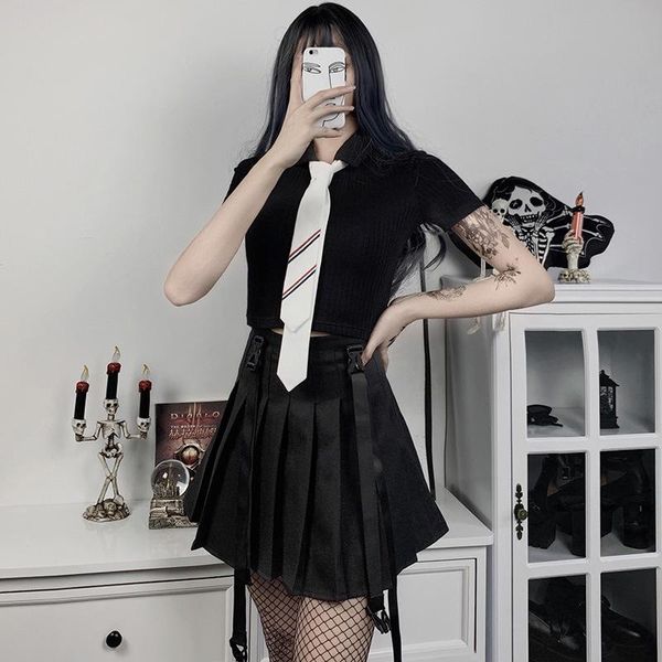 

women's t-shirt black women short tight t-shirts button tshirt gothic punk basic hipster goth + fashion necktie 2021 lady cool collar s, White