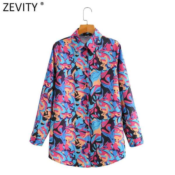 

zevity women vintage contrast color graffiti print smock blouse office ladies long sleeve shirt chic blusas ls9147 210419, White