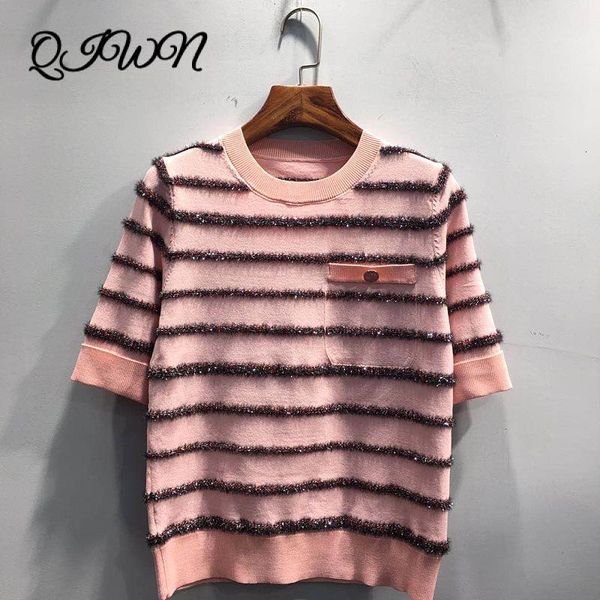

women's t-shirt brand design summer women luxury gold wire striped knit short-sleeved o-neck pink red loose plus size t-shirt clothes f, White