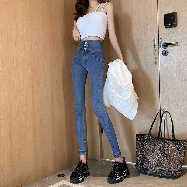 

hong kong fancy taste thin stretch high waist washed brim pants cut, Blue