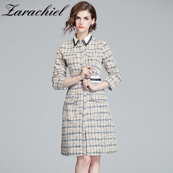 

dresses elegant houndstooth pattern tweed women vintage wool plaid female long sleeve woolen office lady vestidos, Black;gray