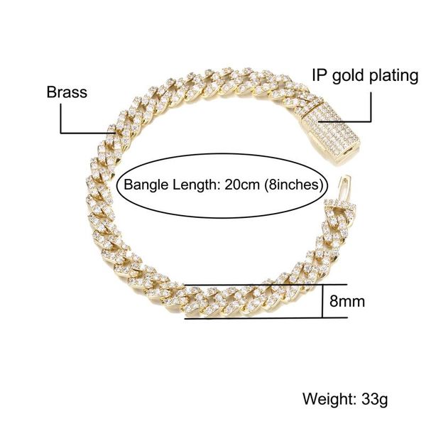 

link, chain hip hop 8mm 1 row iced out cuban link prong copper + cubic zirconia stones bracelet for women men jewelry, Black
