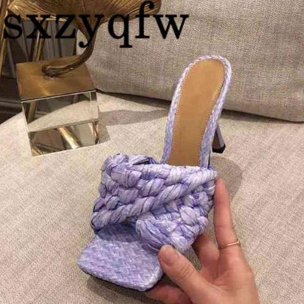 

2021 new fashion square toe weave high heels women slippers leather luxury designer ladies street beach sandals slides shoes, Black