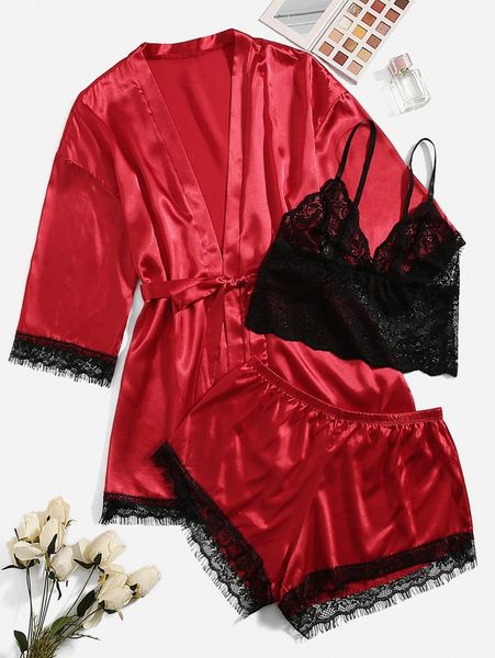 

plus floral lace satin lingerie set with belted robe y8gh#, Black;white