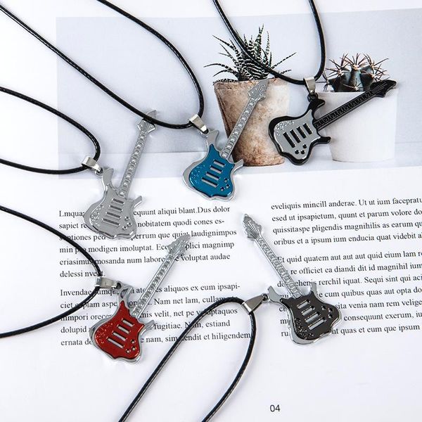 

pendant necklaces 1pcs trendy leather chain guitar necklace for men stainless steel wholesale punk rock music jewelry gift, Silver