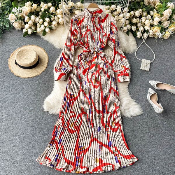 

SINGREINY Vintage Print Pleated Maxi Dress Women Stand Collar Puff Sleeve Lace up A-line Dress Autumn French Holiday Long Dress, Yellow