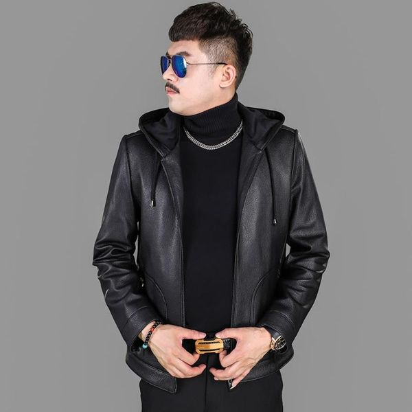 

men's leather & faux haining authentic layer deerskin short coat business leisure spring autumn winter hooded, Black