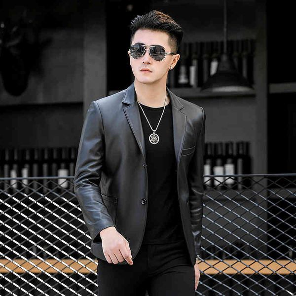 

haining suit collar autumn winter thin coat 2021 new men's leather, Black