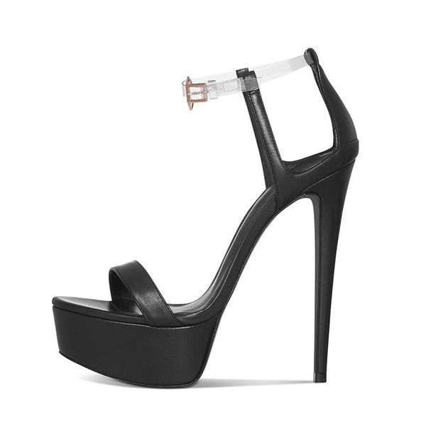 

sandals summer style large size pvc ankle buckle solid color pu stiletto platform banquet dress all-match women's shoes, Black