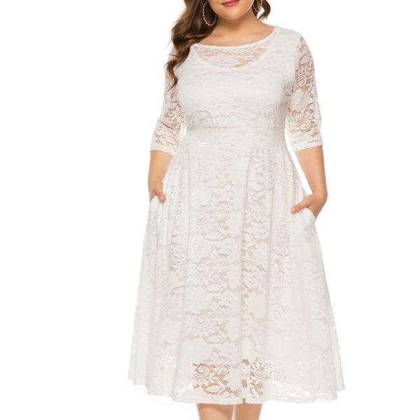 

plus size dresses jhbeute round neck evening dress luxury women midi skirt hollow elegant lace pocket femme robe 2021, Black
