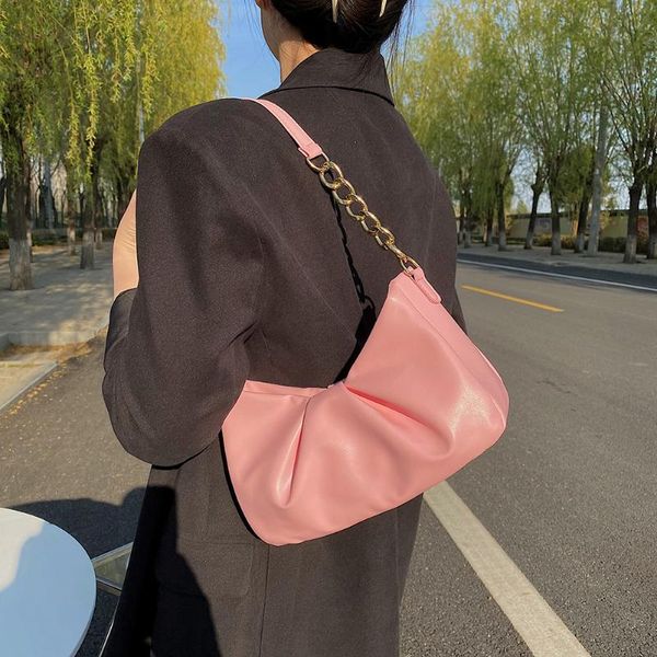 

evening bags pink 2021 women's brand pu leather solid color pleated shoulder underarm ladies hobos purses and handbags bolsas