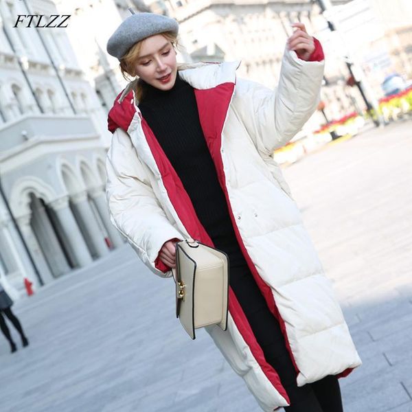 

women's down & parkas ftlzz winter long jacket women double side beige red hooded snow outwear overcoat white duck warm coats, Black