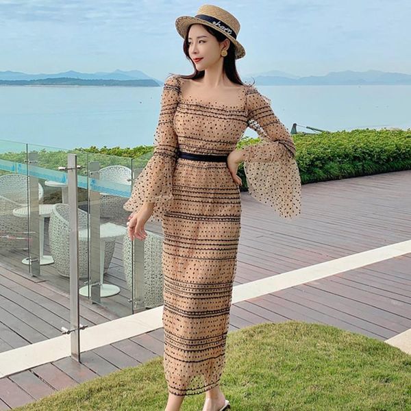 

casual dresses 2021 arrive mesh lace bodycon women's dress backless flare sleeve polka dot party elegant slim long, Black;gray