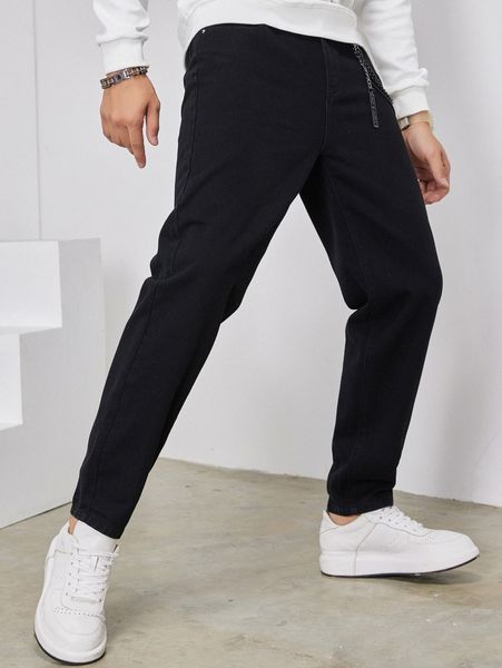 

men solid chain detail jeans e97l#, Blue