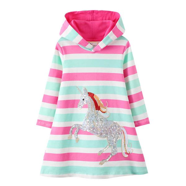 

jumping meters arrival unicorn princess hooded dress for autumn winter stripe fashion children cotton clothing baby 210529, Red;yellow