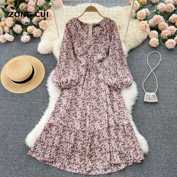 

casual dresses vintage floral print dress autumn women v-neck puff sleeve elegant pleated midi streetwear robe one piece korea 2021, Black;gray