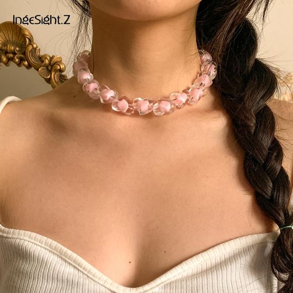 

chains ingesight.z romantic pink color love heart short choker necklaces statement acrylic resin clavicle for women jewelry, Silver