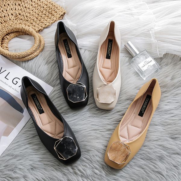 

lolita spring womens ballerina shoes ballet flats women square toe buckle elegant pu leather solid flats shoes 43 ladies boat shoes, Black