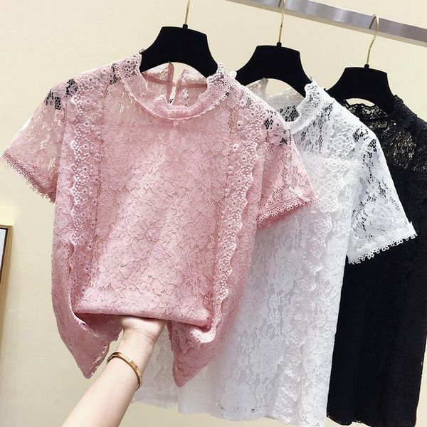 

women's blouses & shirts short sleeve blouse women blusas mujer de moda 2021 pink black white hollow lace shirt female b516