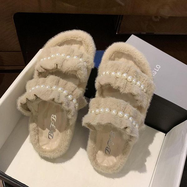 

beads ruffles fur slippers women winter plush shoes flip flops muffins thicken soled pearl furry slides pantuflas 2021, Black