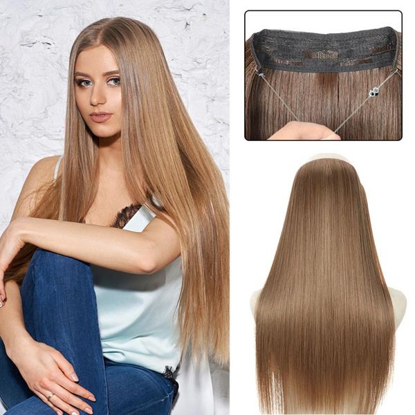 

synthetic wigs no clip halo hair straight secret wire natural hidden hairpieces adjustable transparent for women, Black