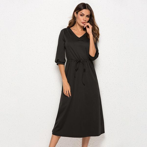 

casual summer dress women solid color v neck lantern sleeve sashes mid calf three quarter a line loose female dresses, Black;gray