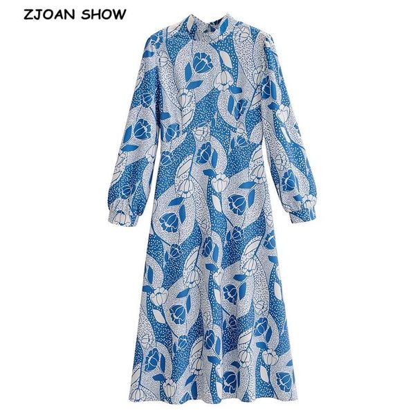 

casual dresses 2021 elegant blue white flower print women long dress vintage stand collar sleeve party, Black;gray