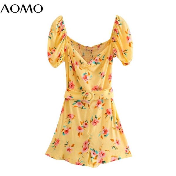 

women's jumpsuits & rompers aomo women vintage yellow floral playsuits with belt short sleeve ladies casual chic 2w237a, Black;white