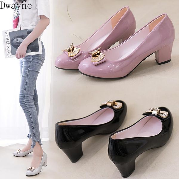 

dress shoes 2021 round head thick heel rhinestone bow comfortable work single women, Black
