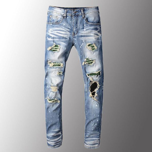 

minglu men jeans luxury men's crystal holes ripped slim skinny patchwork distressed blue stretch denim pants plus size 40