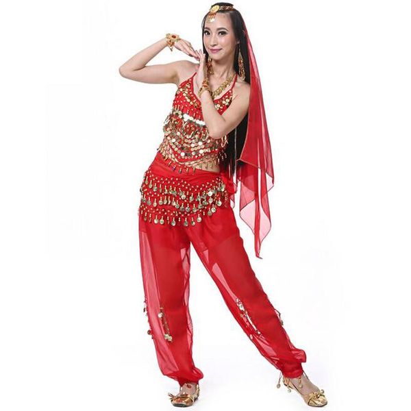 

belly dance costumes set beaded bell tank coins lantern pants+128 coins hip belt+head chain+head scarf 5pcs full sf57 stage wear, Black;red