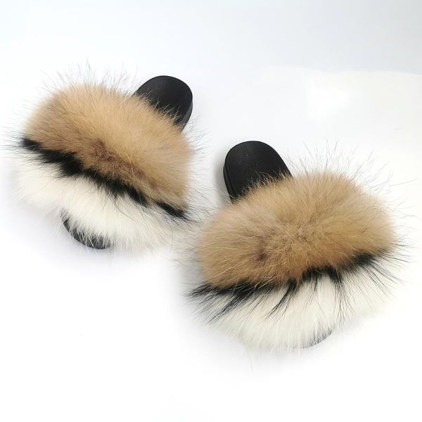 

fur slides women 2021 real cute plush sandles slider shoes trendy luxury genuine raccoon fluffy slippers womans indoor, Black