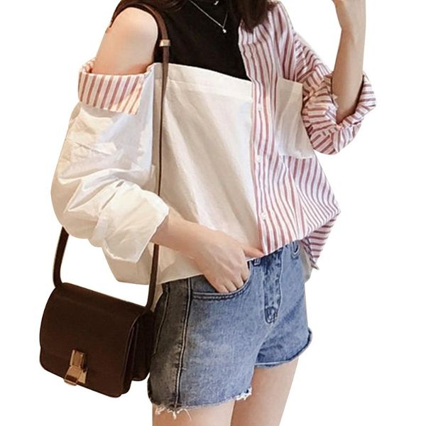 

daily women shirt soft lightweight irregular blouse party loose off shoulder pocket stripe round collar long sleeve casual women's blou, White
